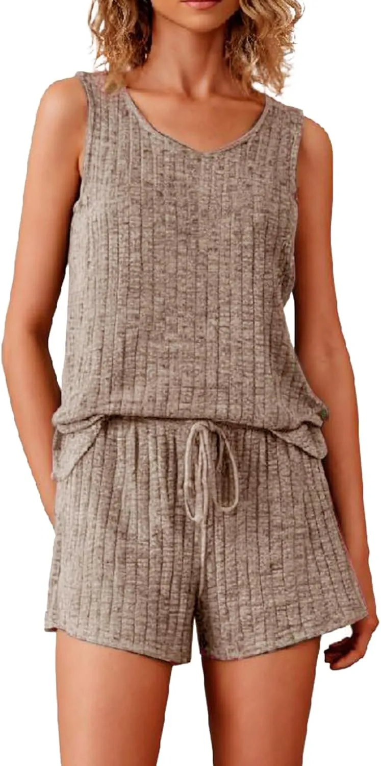 Pajamas Set Women's V-Neck Sleeveless Sleepwear Pj Set Ribbed Knit 2 Piece Outfits Lounge Sets Summer Loungewear Soft