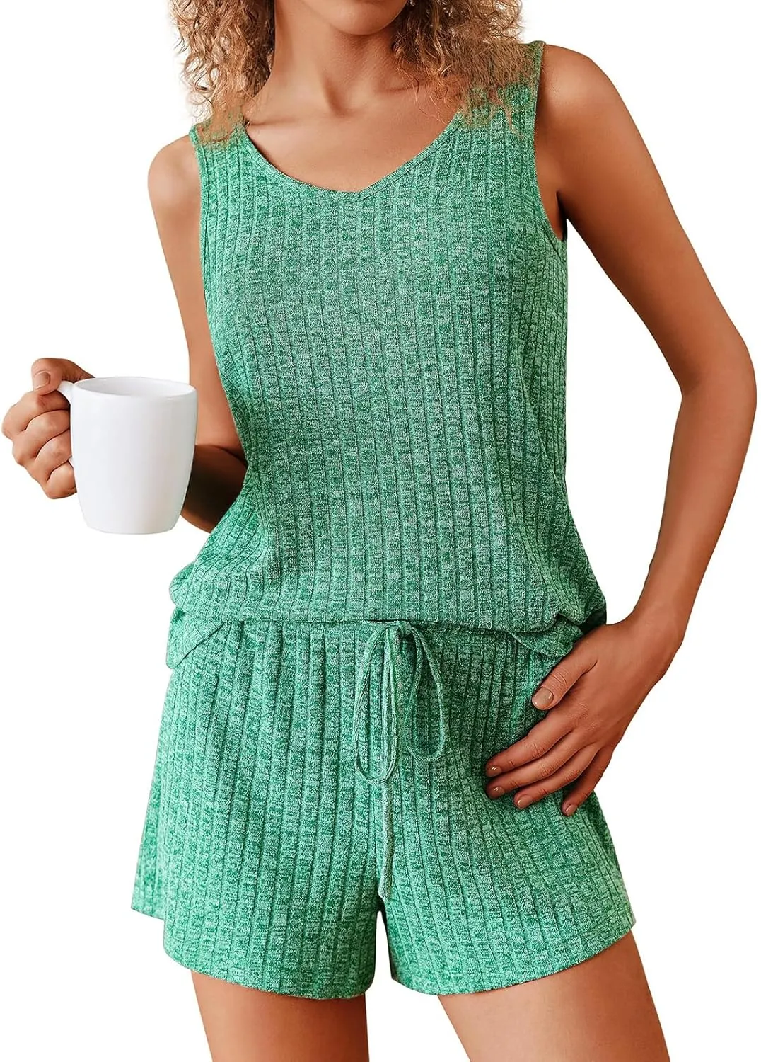 Pajamas Set Women's V-Neck Sleeveless Sleepwear Pj Set Ribbed Knit 2 Piece Outfits Lounge Sets Summer Loungewear Soft