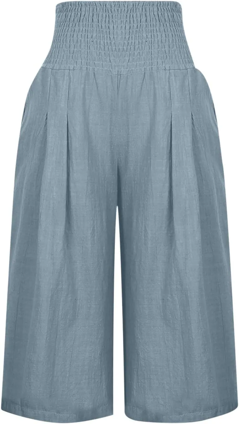 Palazzo Pants for Women Dressy Elastic High Waist Paperbag Pants Lightweight Flowy Casual Wide Leg Linen Pants