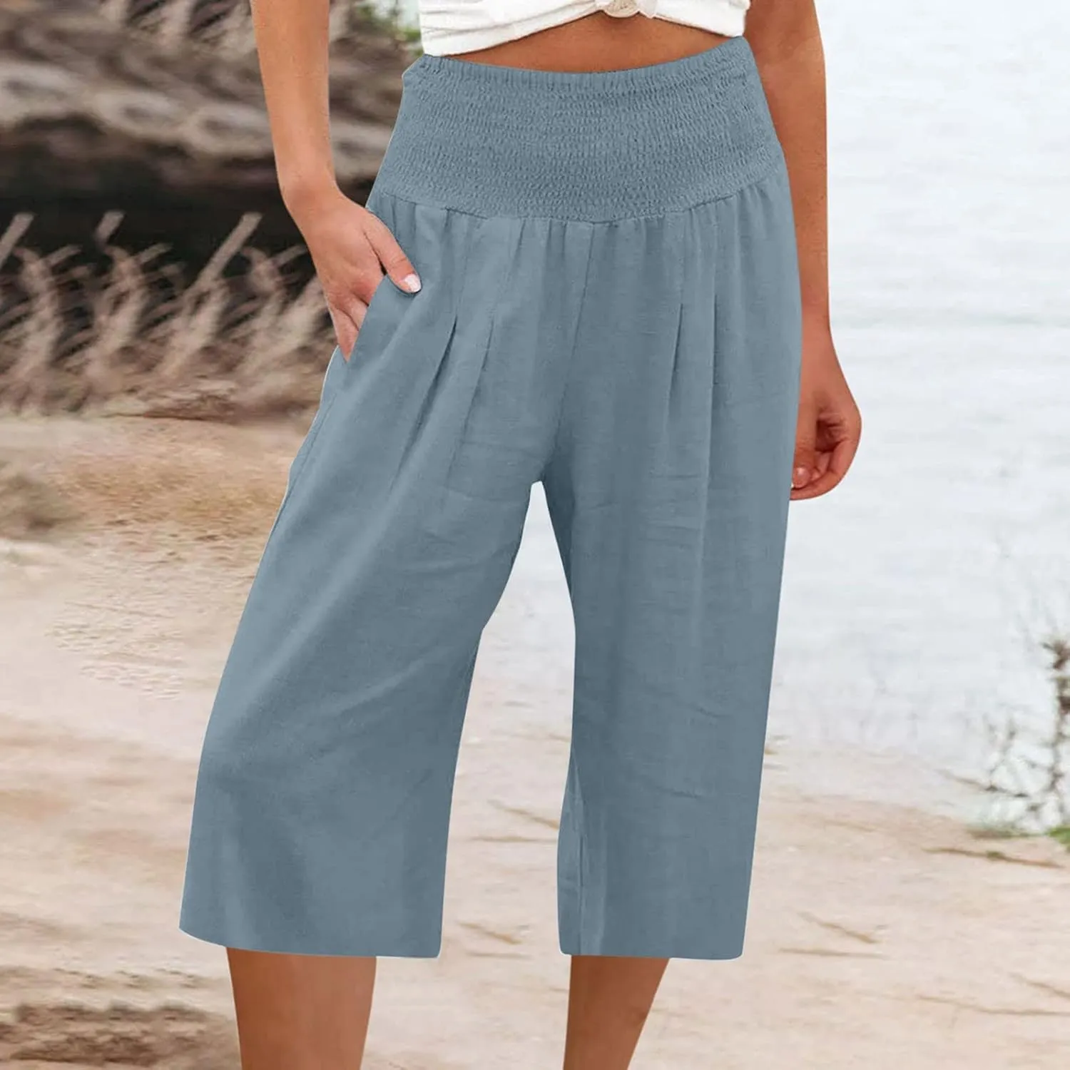 Palazzo Pants for Women Dressy Elastic High Waist Paperbag Pants Lightweight Flowy Casual Wide Leg Linen Pants