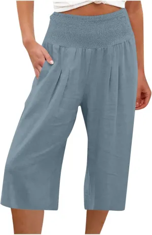 Palazzo Pants for Women Dressy Elastic High Waist Paperbag Pants Lightweight Flowy Casual Wide Leg Linen Pants