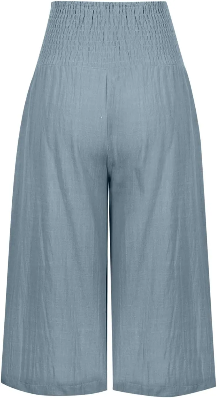 Palazzo Pants for Women Dressy Elastic High Waist Paperbag Pants Lightweight Flowy Casual Wide Leg Linen Pants