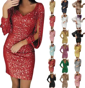 Party Dresses for Women,2024 Elegant Sexy Bodycon V Neck Evening Cocktail Dress,Trendy Long Sleeve Mini Sparkly Dress