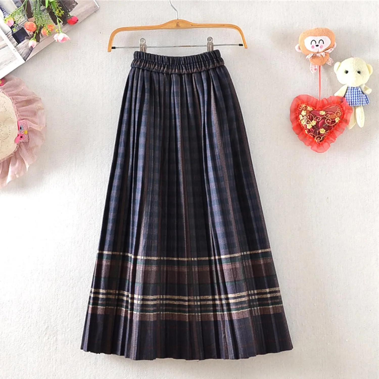 Plaid Skirt for Womens 2025 Fashion Vintage High Waist Pleated Midi Skirts Casual Comfy Soft Knee Length Swing Skirt
