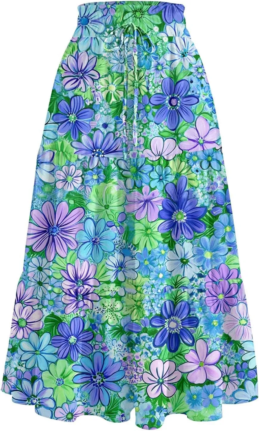 Pleated Casual A Line Midi Skirt Boho Floral Printed Length Skirts for Women Trendy Summer Elastic Waist Skirt