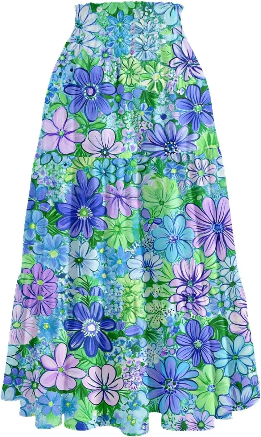 Pleated Casual A Line Midi Skirt Boho Floral Printed Length Skirts for Women Trendy Summer Elastic Waist Skirt
