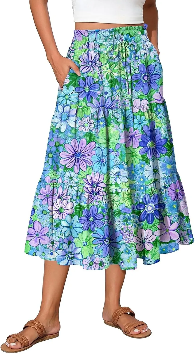Pleated Casual A Line Midi Skirt Boho Floral Printed Length Skirts for Women Trendy Summer Elastic Waist Skirt
