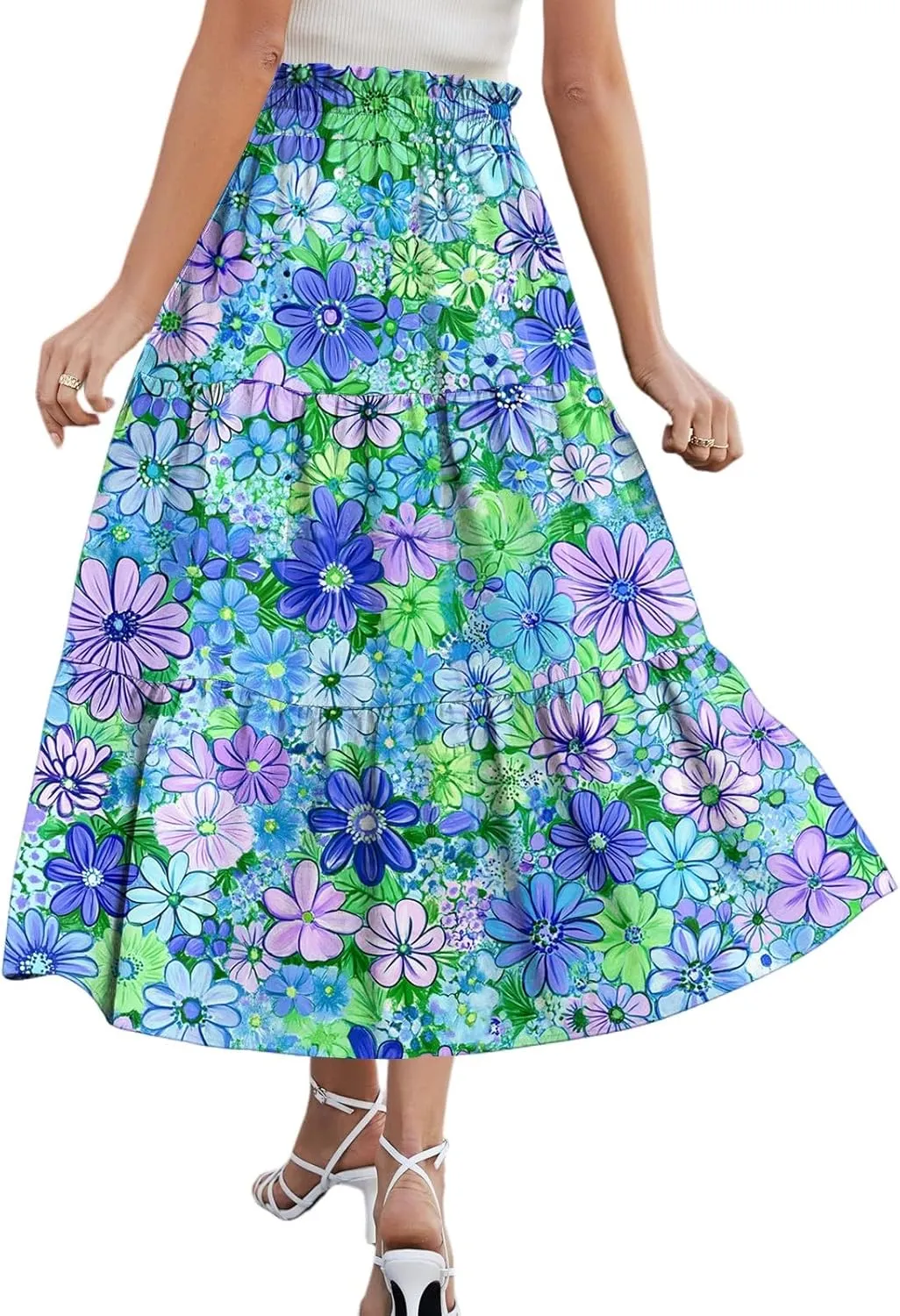 Pleated Casual A Line Midi Skirt Boho Floral Printed Length Skirts for Women Trendy Summer Elastic Waist Skirt