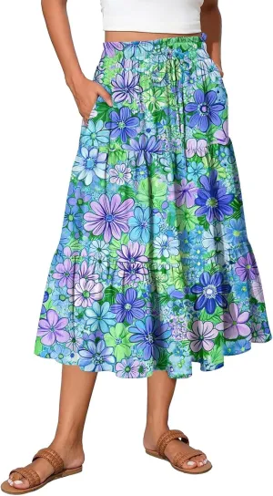 Pleated Casual A Line Midi Skirt Boho Floral Printed Length Skirts for Women Trendy Summer Elastic Waist Skirt