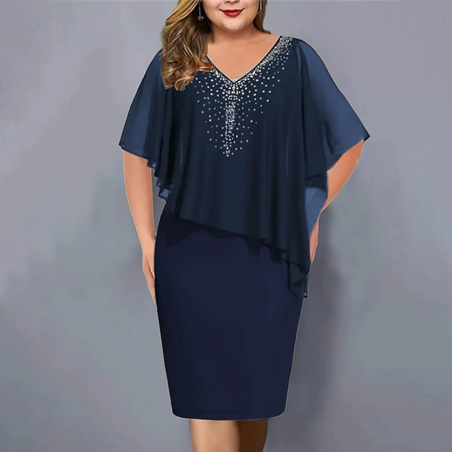 Plus Size Cape Dress for Women Elegant Casual V Neck Bodycon Pencil Dress with Chiffon Overlay Wedding Cocktail Party Dress