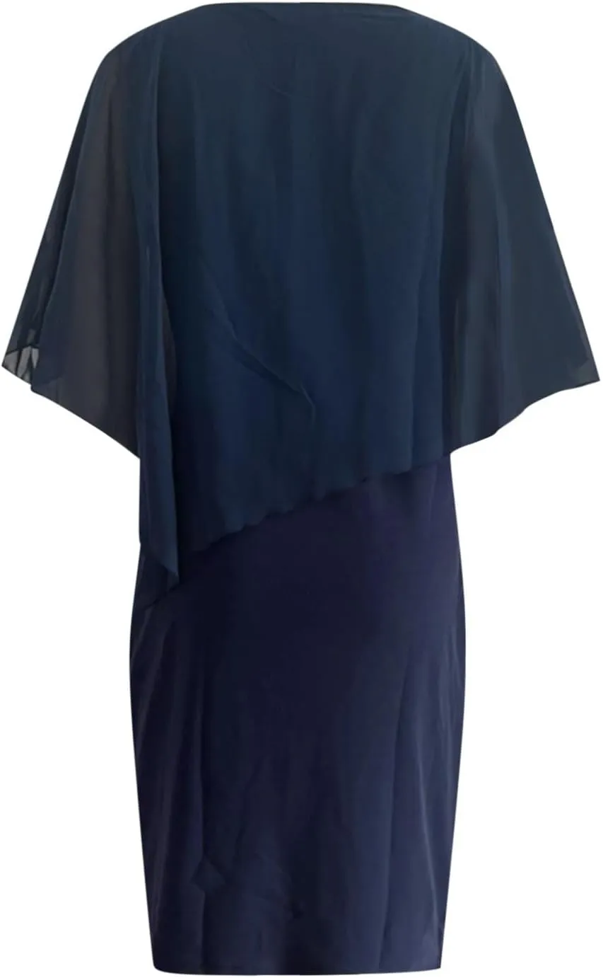 Plus Size Cape Dress for Women Elegant Casual V Neck Bodycon Pencil Dress with Chiffon Overlay Wedding Cocktail Party Dress