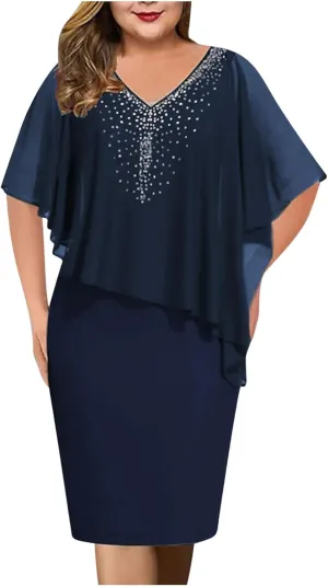 Plus Size Cape Dress for Women Elegant Casual V Neck Bodycon Pencil Dress with Chiffon Overlay Wedding Cocktail Party Dress