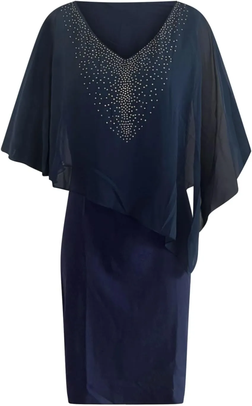 Plus Size Cape Dress for Women Elegant Casual V Neck Bodycon Pencil Dress with Chiffon Overlay Wedding Cocktail Party Dress