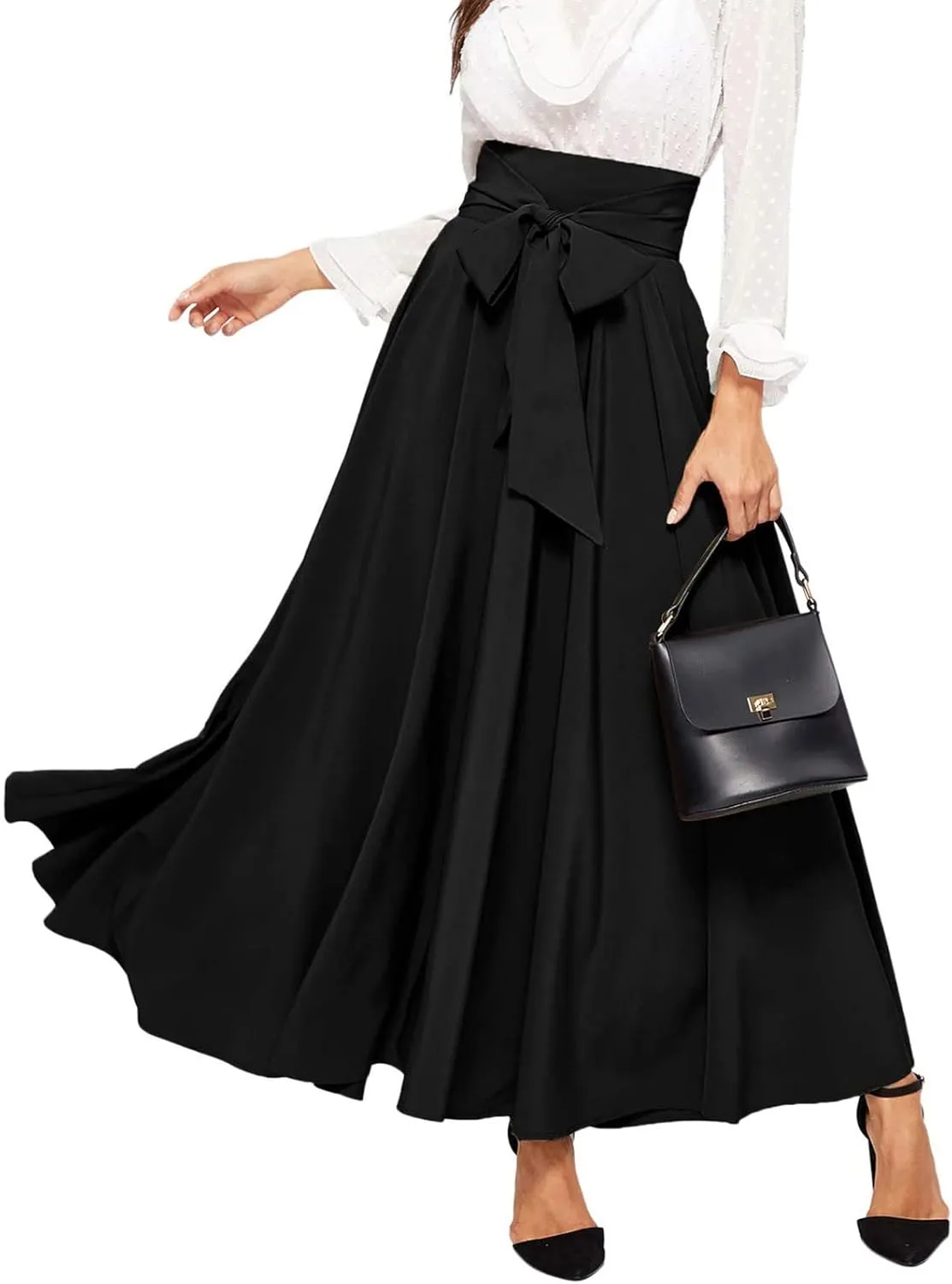 Plus Size Maxi Skirt with Bow Tie Womens Pleated A-Line Loose High Elastic Waist Casual Skirts Ladies Trendy Clothes