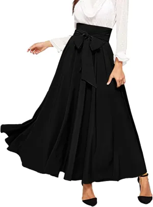 Plus Size Maxi Skirt with Bow Tie Womens Pleated A-Line Loose High Elastic Waist Casual Skirts Ladies Trendy Clothes