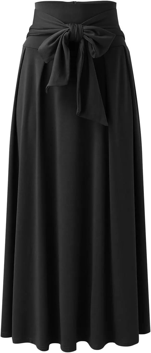 Plus Size Maxi Skirt with Bow Tie Womens Pleated A-Line Loose High Elastic Waist Casual Skirts Ladies Trendy Clothes