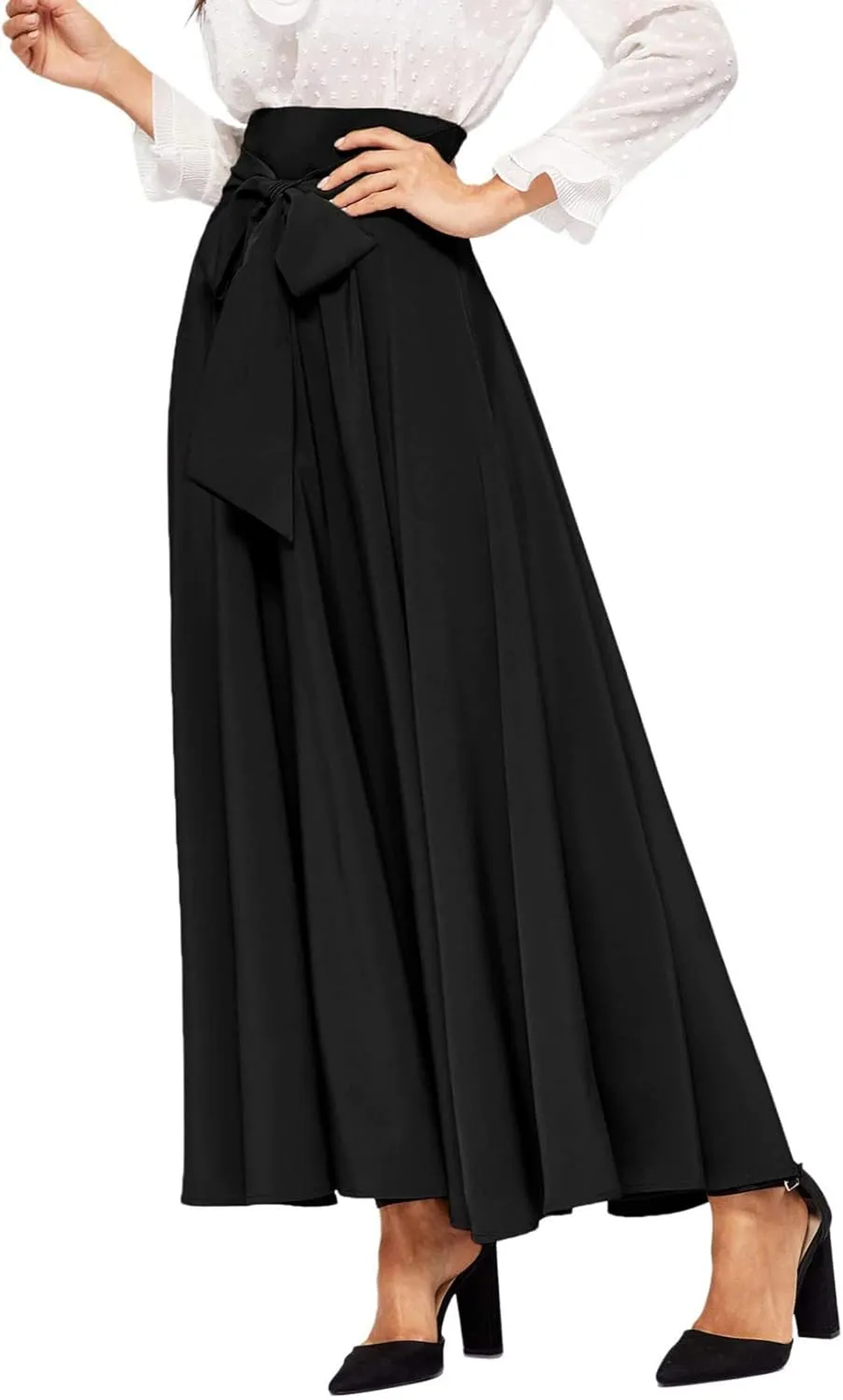 Plus Size Maxi Skirt with Bow Tie Womens Pleated A-Line Loose High Elastic Waist Casual Skirts Ladies Trendy Clothes