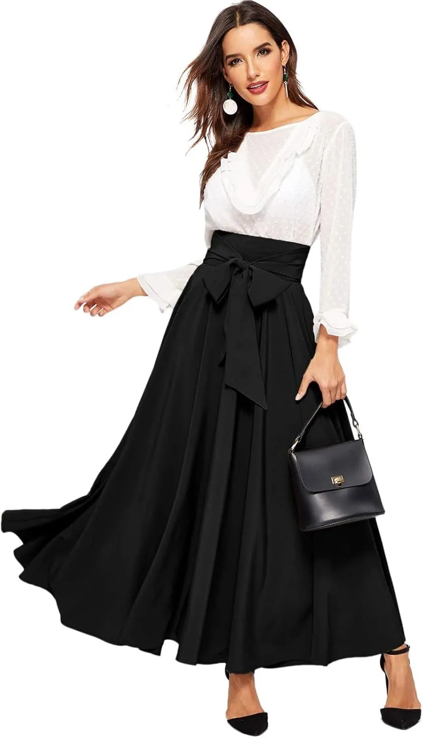 Plus Size Maxi Skirt with Bow Tie Womens Pleated A-Line Loose High Elastic Waist Casual Skirts Ladies Trendy Clothes