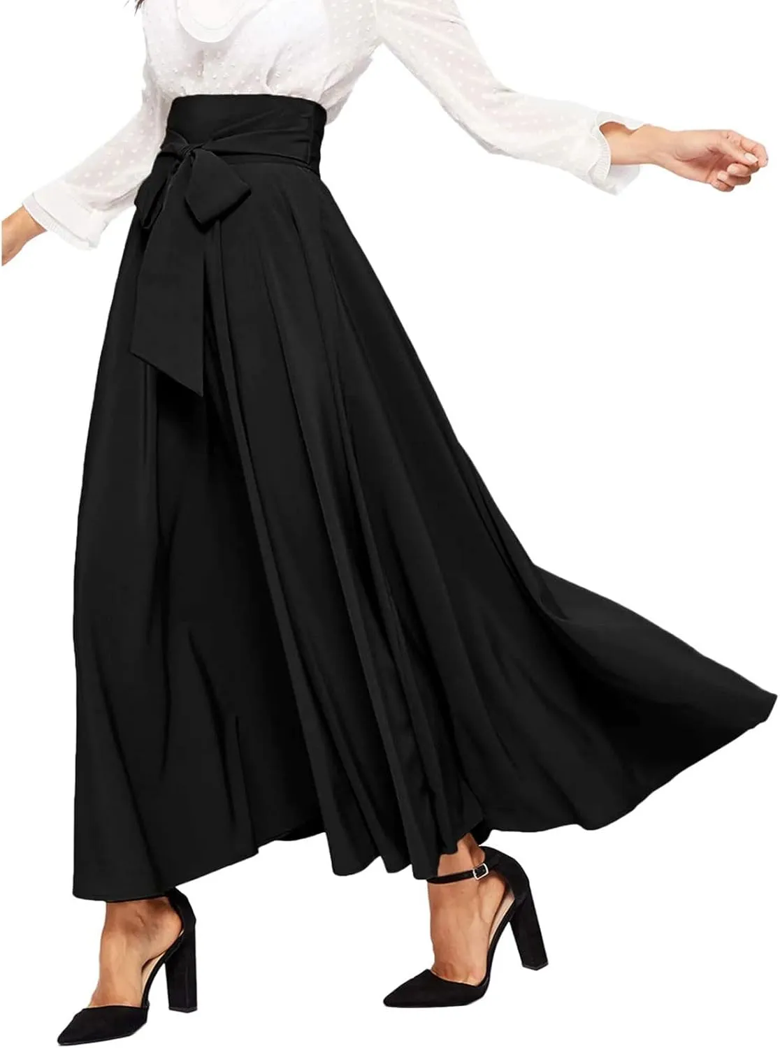 Plus Size Maxi Skirt with Bow Tie Womens Pleated A-Line Loose High Elastic Waist Casual Skirts Ladies Trendy Clothes
