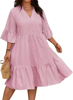 Plus Size Mini Dress for Women Summer Trendy Striped V Neck 3/4 Sleeve Dresses Casual Loose Tunic Ruffle Hem Dress
