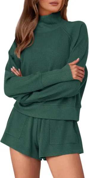 PRETTYGARDEN Womens 2024 Ribbed Knit Lounge Set 2 Piece Outfits Long Sleeve Tops and Shorts Fall Loungewear Sets with Pockets