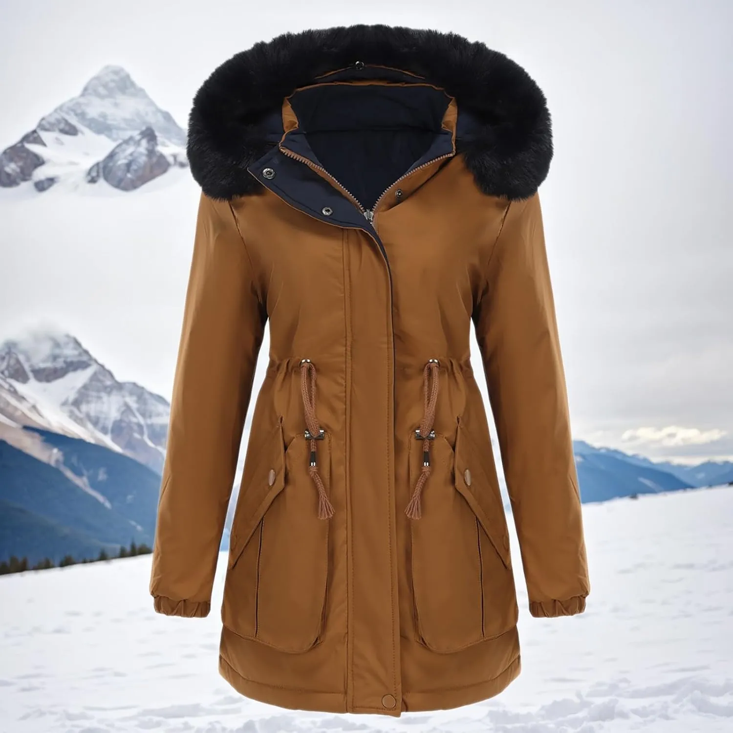 Puffer Jacket Womens Warm Winter Down Coats Long Length Quilted Maxi Puffer Solid Color Zip Overcoat with Fur Hood