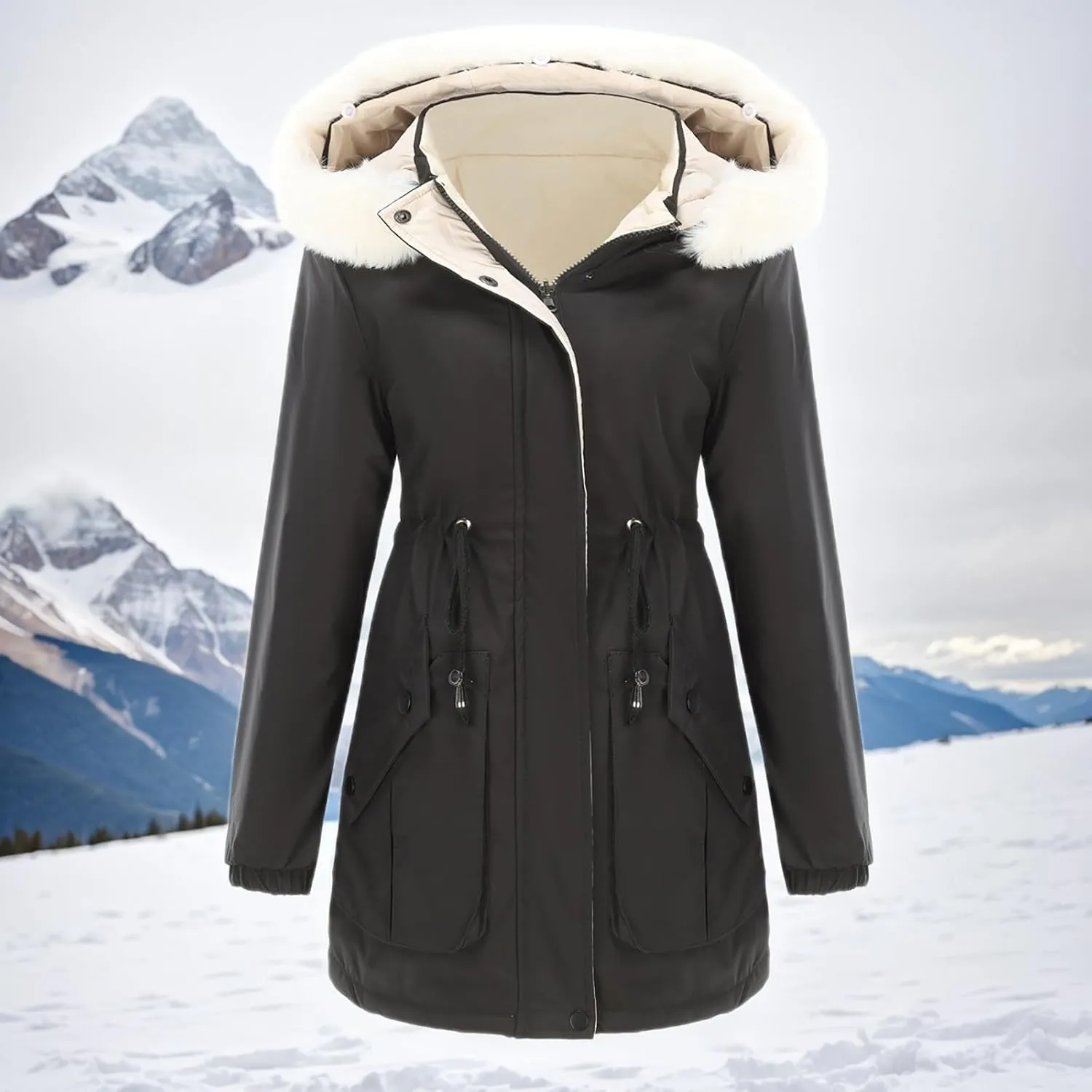 Puffer Jacket Womens Warm Winter Down Coats Long Length Quilted Maxi Puffer Solid Color Zip Overcoat with Fur Hood
