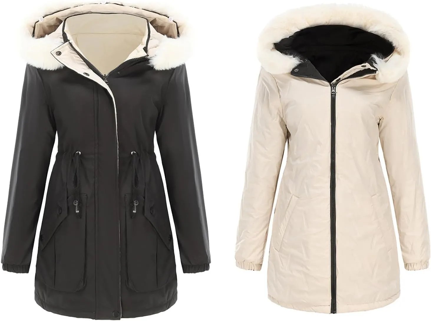 Puffer Jacket Womens Warm Winter Down Coats Long Length Quilted Maxi Puffer Solid Color Zip Overcoat with Fur Hood