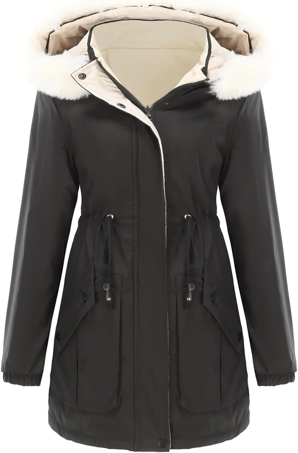 Puffer Jacket Womens Warm Winter Down Coats Long Length Quilted Maxi Puffer Solid Color Zip Overcoat with Fur Hood