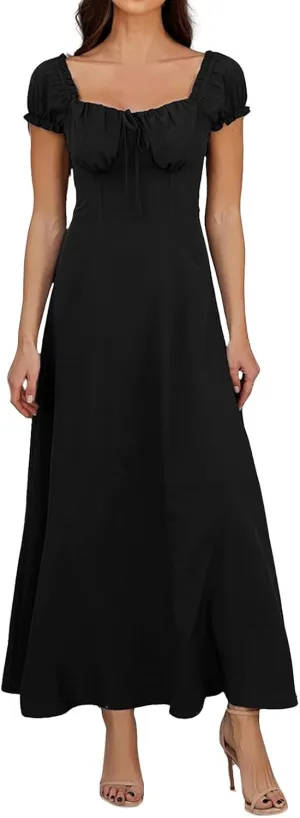 Pure Color Midi Corset Dress Boho Flowy Slit Lace Up Dresses for Women Going Out A Line Casual Sundress Bubble Sleeve