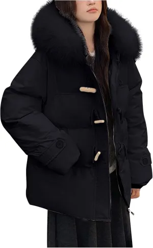Quilted Jackets for Women Fashion Fuzzy Hooded Winter Warm Puffer Jackets Oversized Casual Ski Coats Down Outerwear
