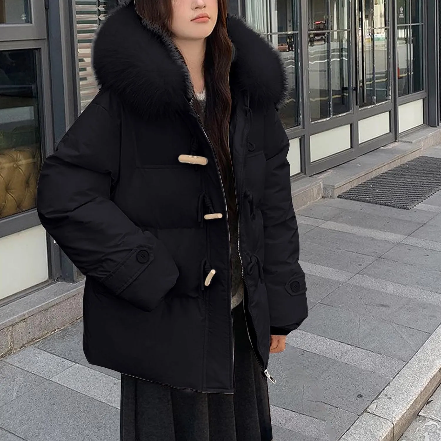 Quilted Jackets for Women Fashion Fuzzy Hooded Winter Warm Puffer Jackets Oversized Casual Ski Coats Down Outerwear
