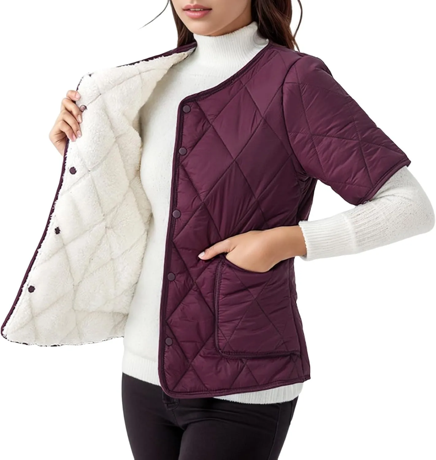 Quilted Jackets for Women Lightweight Petite Puffer Down Jacket Parkas Button Fleece Sherpa Short Sleeve Winter Coat