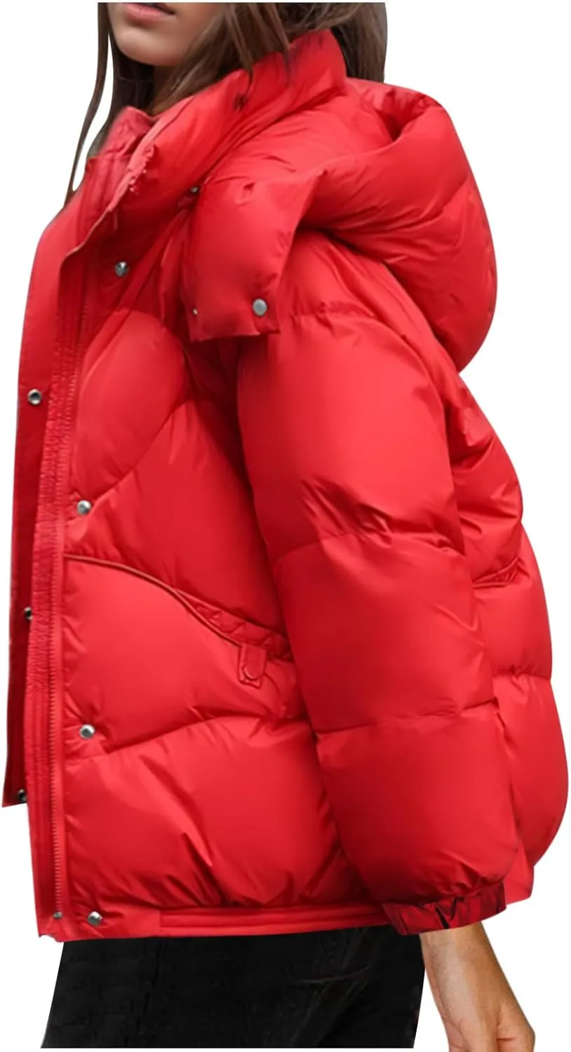 Quilted Jackets for Women Puffy Bubble Puffer Coat Winter Loose Outerwear Warm Down Jackets with Removable Hood