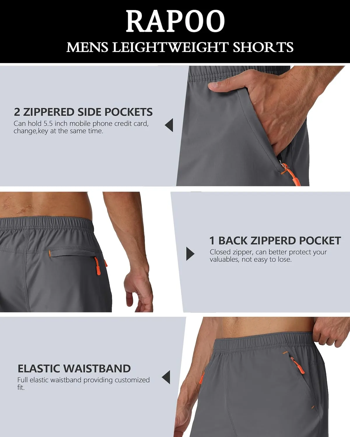 Rapoo Men's Athletic Shorts 7 Inch Inseam Water Resistant Lightweight Quick Dry Workout Shorts with Zipper Pockets