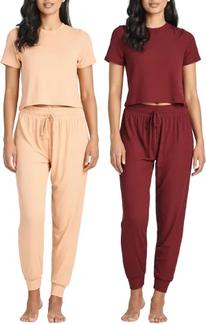 Real Essentials 2 Pack: Women's Ribbed Knit Cropped Short Sleeve Top with Jogger Sweatpants Lounge Set Sleep