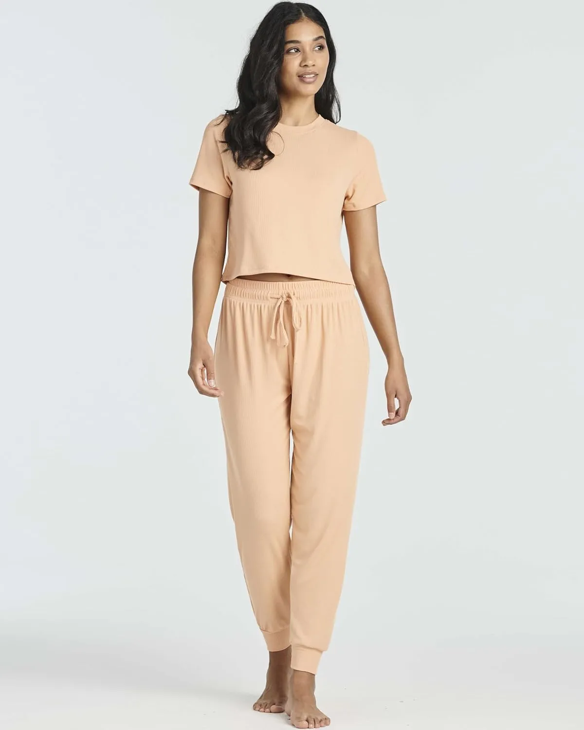 Real Essentials 2 Pack: Women's Ribbed Knit Cropped Short Sleeve Top with Jogger Sweatpants Lounge Set Sleep