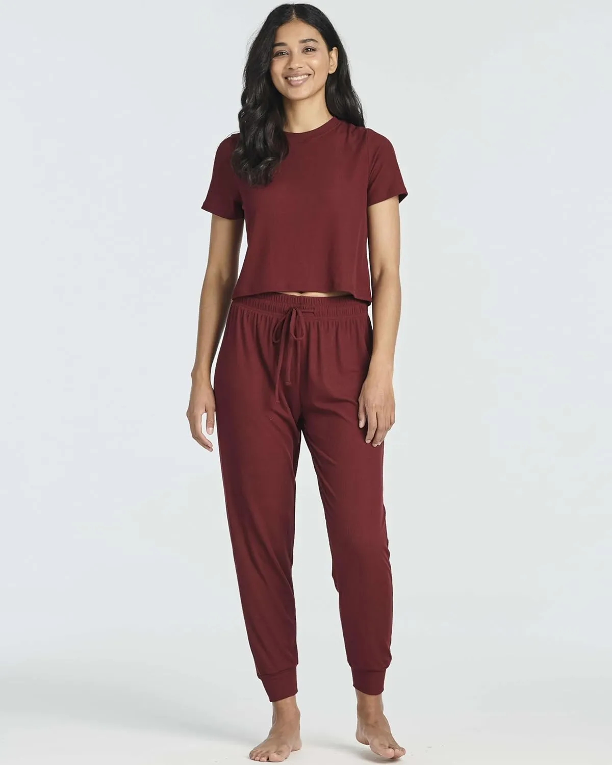 Real Essentials 2 Pack: Women's Ribbed Knit Cropped Short Sleeve Top with Jogger Sweatpants Lounge Set Sleep