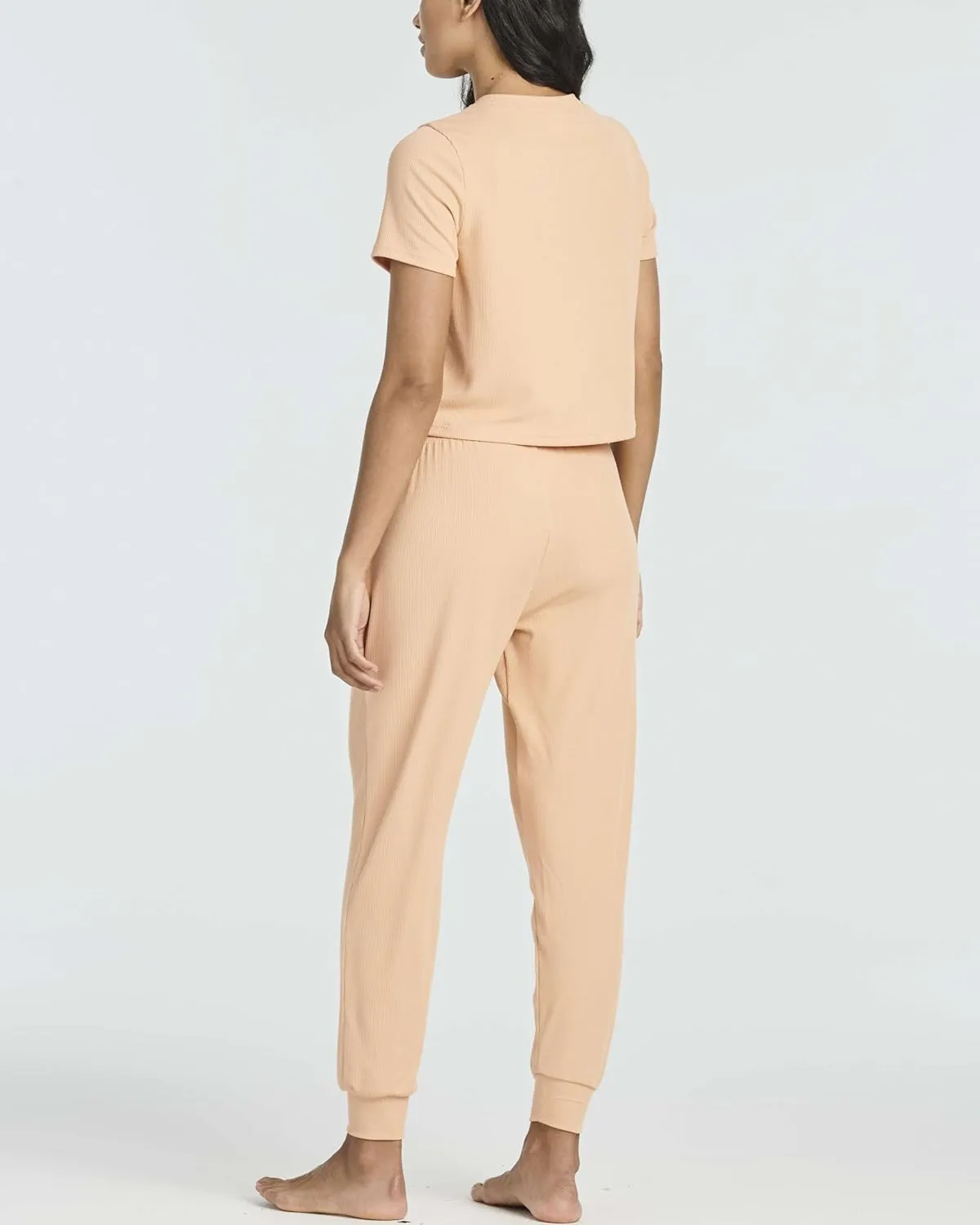 Real Essentials 2 Pack: Women's Ribbed Knit Cropped Short Sleeve Top with Jogger Sweatpants Lounge Set Sleep