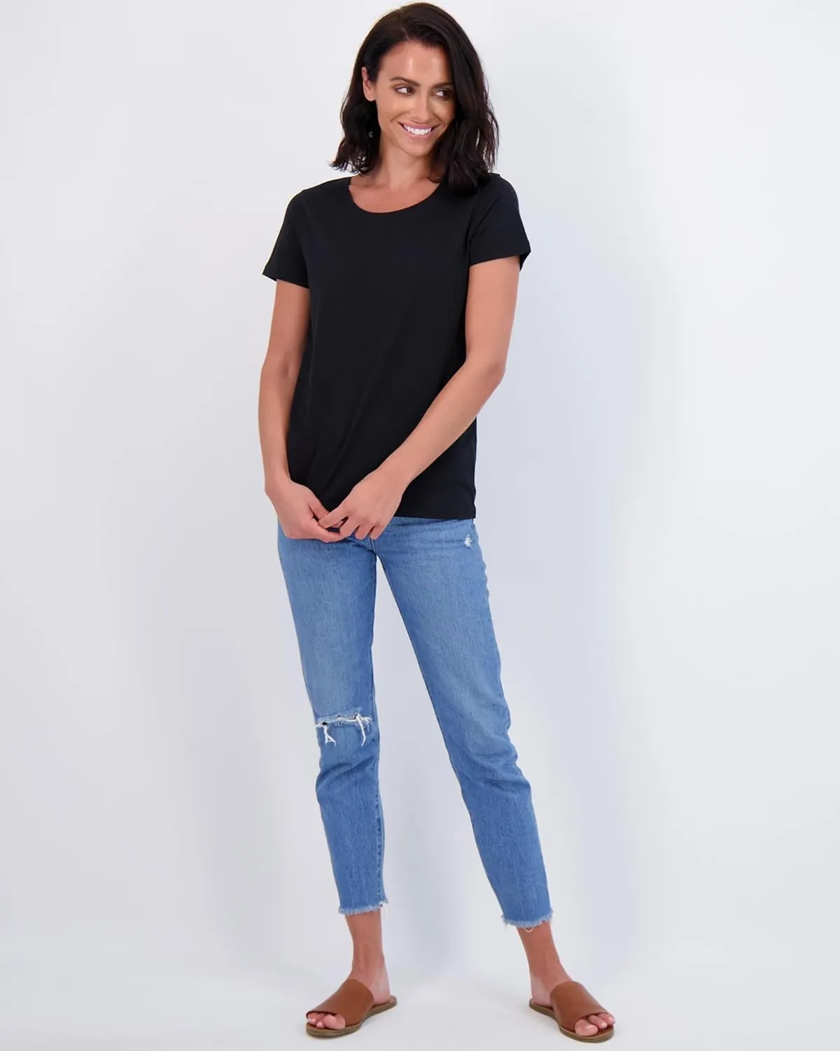 Real Essentials 4 Pack: Women's Classic-Fit Cotton Short-Sleeve Scoop Crew Neck T-Shirt (Available in Plus Size)