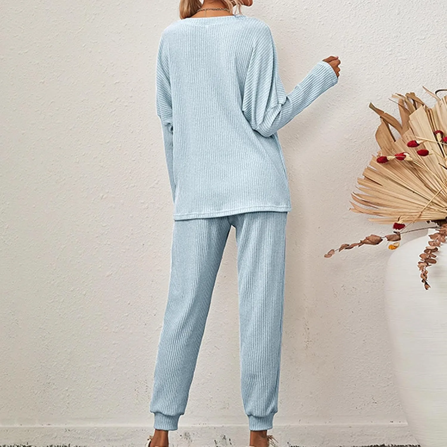 Ribbed Knit Lounge Sets for Women 2 Piece Pajamas Drop Shoulder Long Sleeve Pullover Top and Joggers Pants Sleepwear