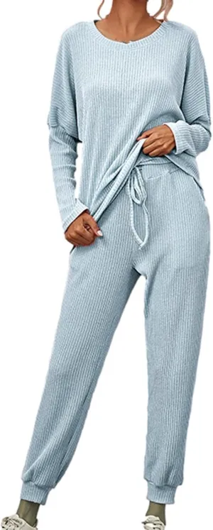 Ribbed Knit Lounge Sets for Women 2 Piece Pajamas Drop Shoulder Long Sleeve Pullover Top and Joggers Pants Sleepwear