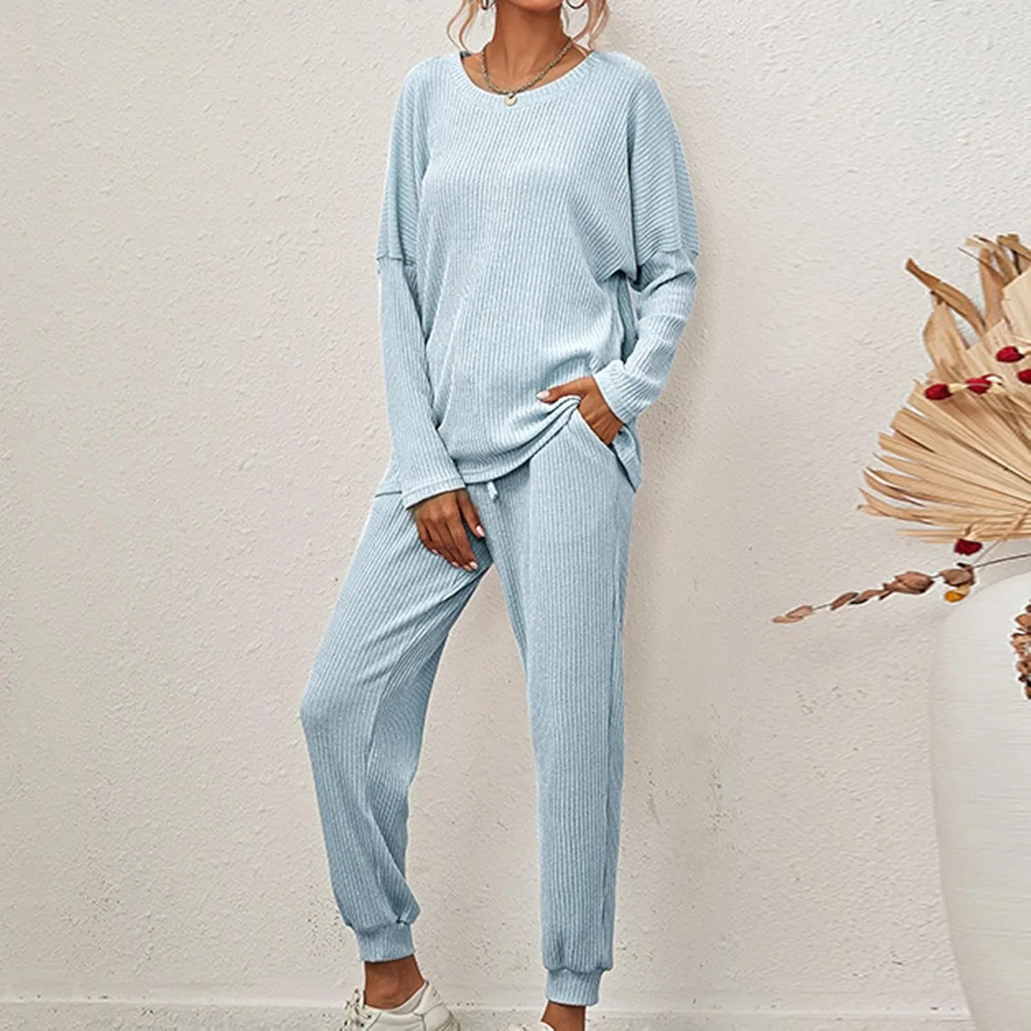 Ribbed Knit Lounge Sets for Women 2 Piece Pajamas Drop Shoulder Long Sleeve Pullover Top and Joggers Pants Sleepwear