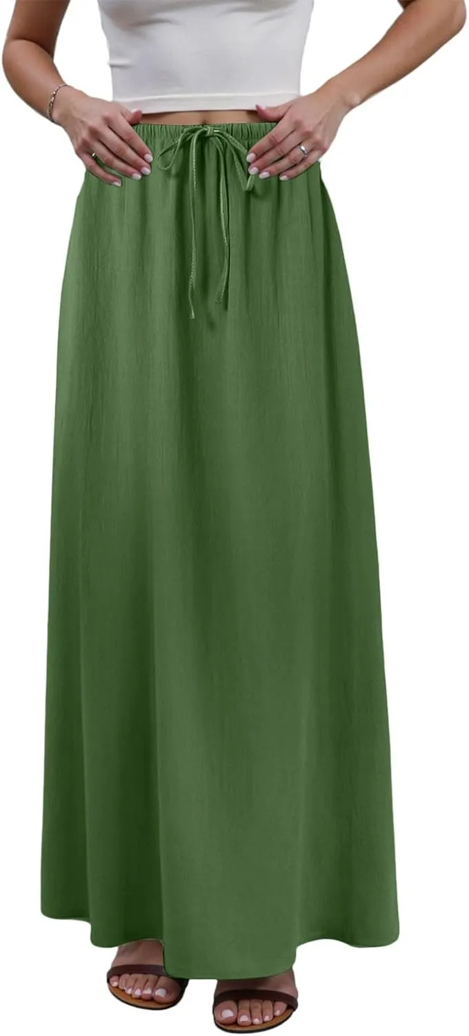 Rvidbe Women's Flowy Boho Maxi Skirt Drawstring Low Waist A Line Vacation Long Skirt Summer Casual Linen Skirts for Women
