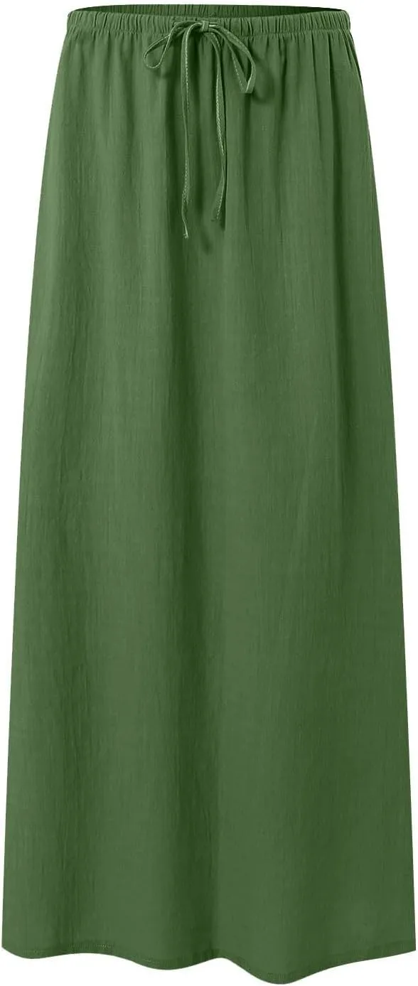 Rvidbe Women's Flowy Boho Maxi Skirt Drawstring Low Waist A Line Vacation Long Skirt Summer Casual Linen Skirts for Women