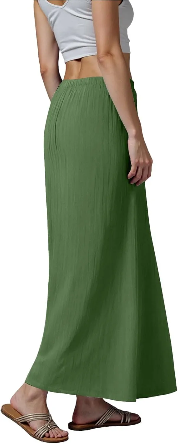 Rvidbe Women's Flowy Boho Maxi Skirt Drawstring Low Waist A Line Vacation Long Skirt Summer Casual Linen Skirts for Women