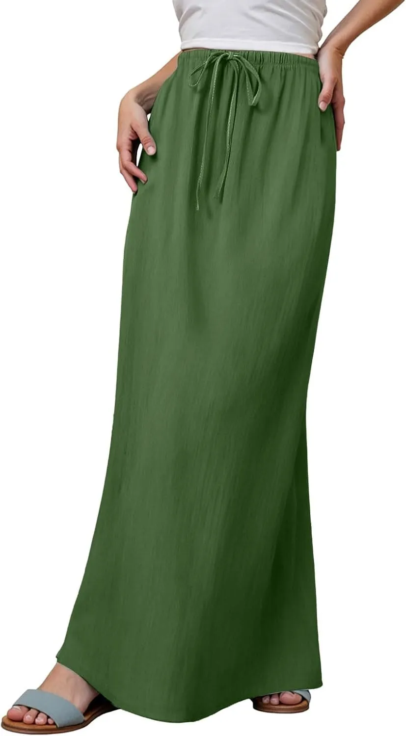 Rvidbe Women's Flowy Boho Maxi Skirt Drawstring Low Waist A Line Vacation Long Skirt Summer Casual Linen Skirts for Women