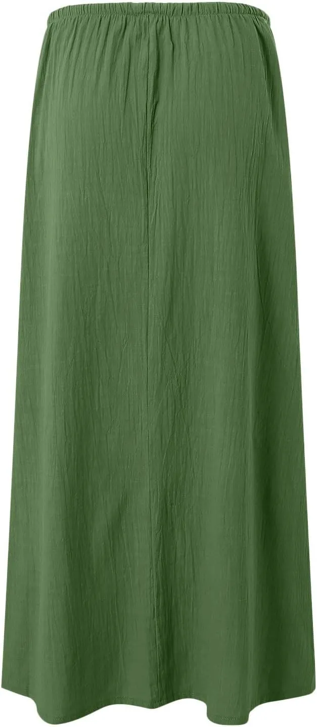 Rvidbe Women's Flowy Boho Maxi Skirt Drawstring Low Waist A Line Vacation Long Skirt Summer Casual Linen Skirts for Women