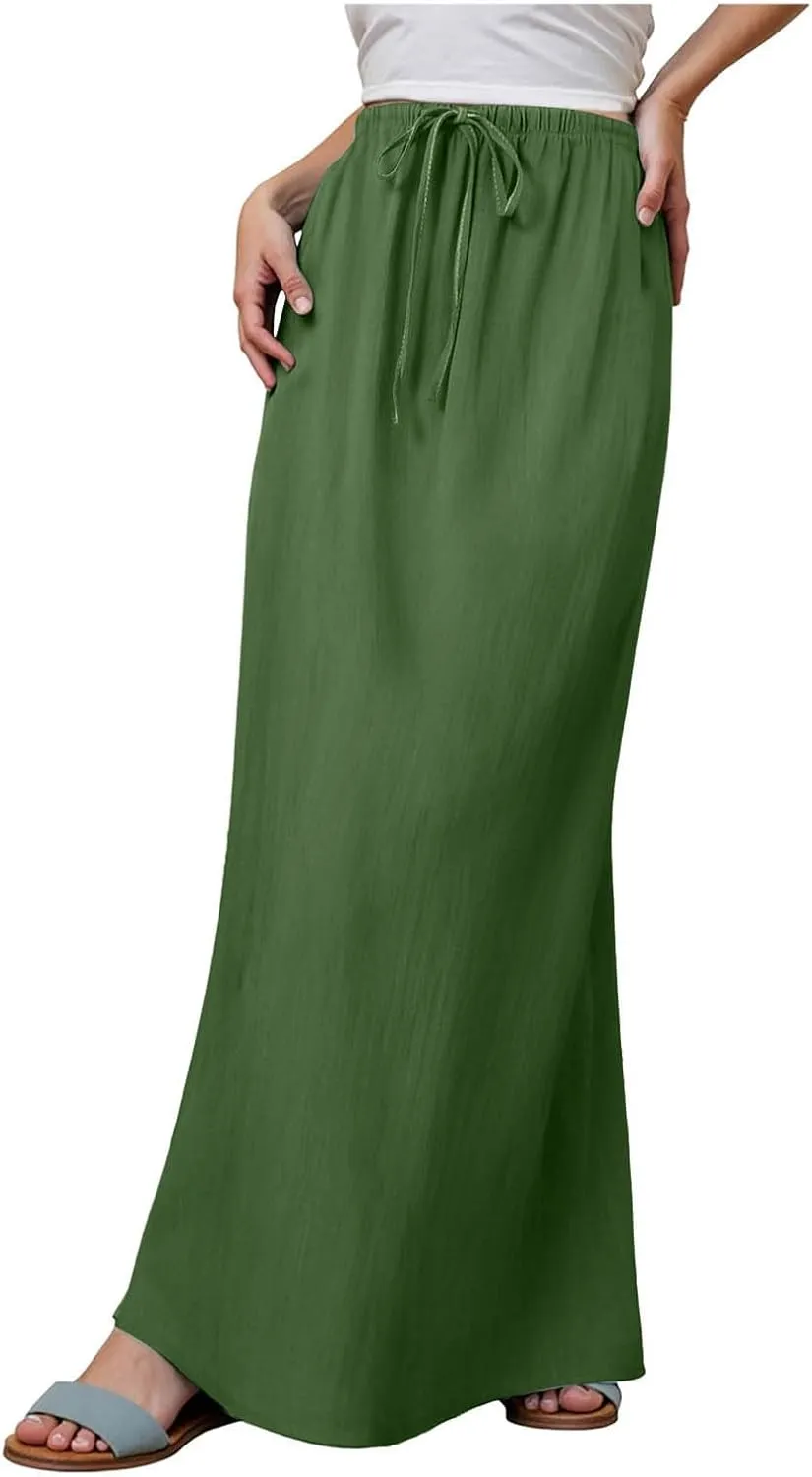 Rvidbe Women's Flowy Boho Maxi Skirt Drawstring Low Waist A Line Vacation Long Skirt Summer Casual Linen Skirts for Women