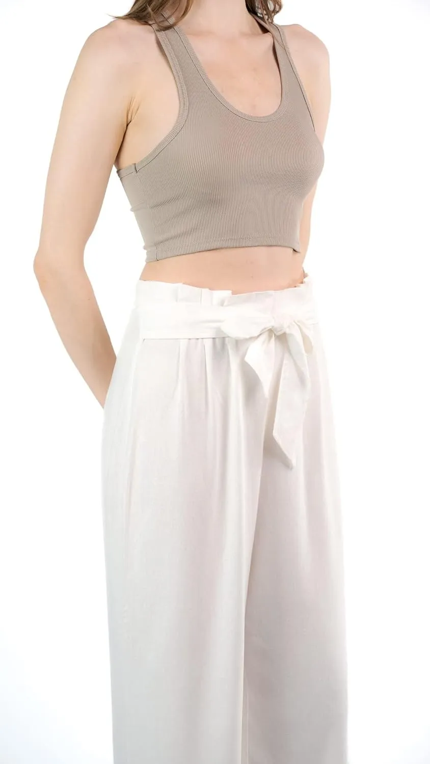SANDY & SID Womens Linen Pants High Waist Wide Leg Fabric Tie Paperpag Trousers Summer Casual Work Beach Wear